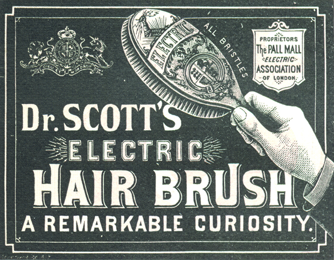 Advertisement for "Dr. Scott's Electric Hair Brush" from the 1884 Peter Van Schaack & Sons catalog